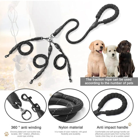 3-in-1 Triple Dog Leash with Padded Handle Multifunction Detachable Nylon Pet Leash for Outdoor Walking Hiking Dog Traction Rope