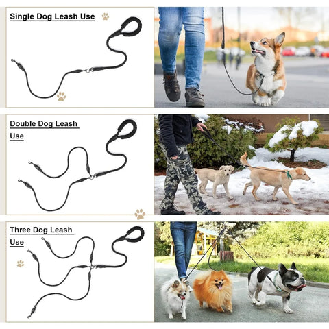 3-in-1 Triple Dog Leash with Padded Handle Multifunction Detachable Nylon Pet Leash for Outdoor Walking Hiking Dog Traction Rope